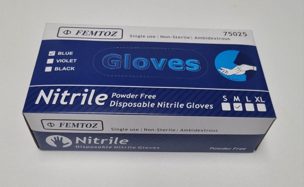 Femtoz Nitrile Exam Gloves, Powder-Free Medium Blue - Image 2